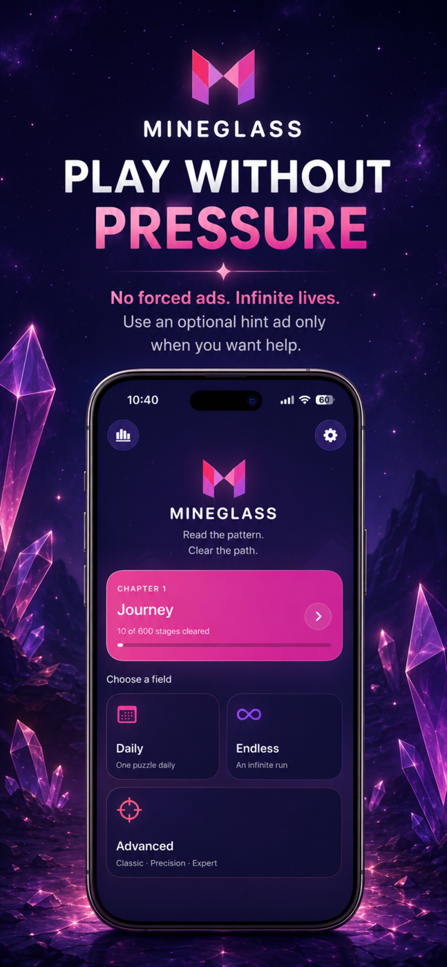Mineglass home screen with Journey, Daily, Endless, and Advanced modes